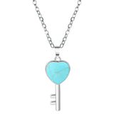Natural Stone Heart Key Pendant Necklace, Silver Frame Gemstone Charm with Snake Chain for Women Jewelry Making