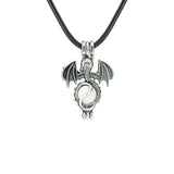 Gothic Stainless Steel Pterosaur Dragon Crystal Holder Necklace • Antique Silver Gemstone Ball Urn Pendant • Unisex Retro Punk Jewelry