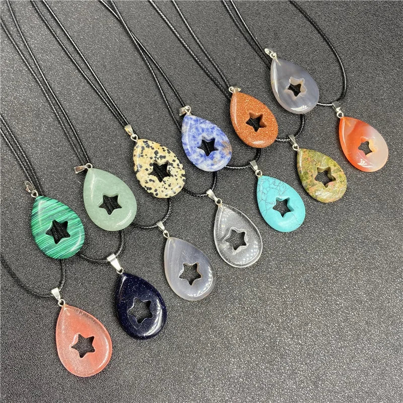 Hollow Five-Pointed Star Waterdrop Healing Crystal Pendant | Natural Gemstone Teardrop Charm for Birthday Meditation Friendship Gift