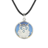 Owl Hollow Pendant Necklace, Silver Plated Natural Crystal Inlay Black Wax Cord Wisdom Symbol Necklace