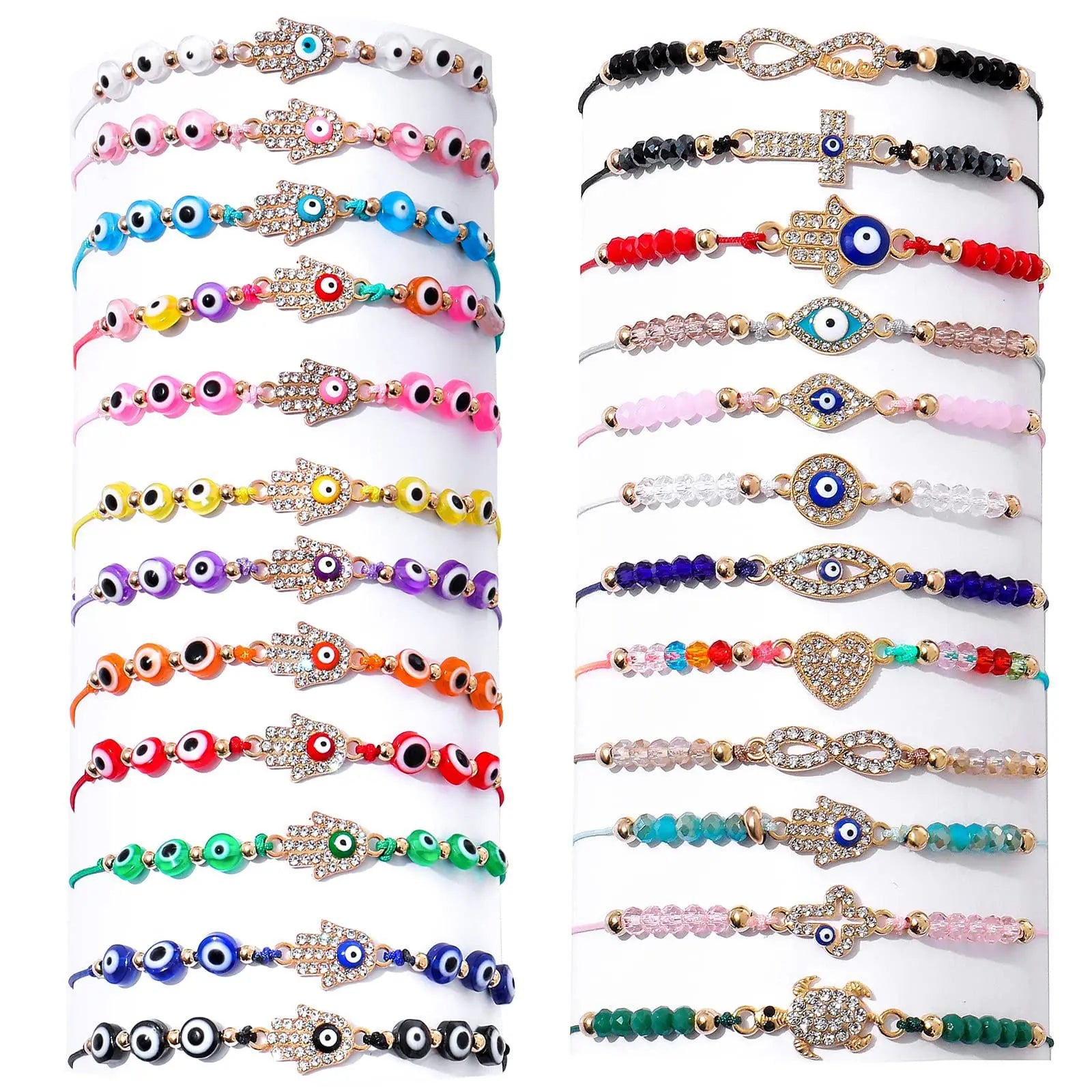 12Pcs Evil Eye Beaded Bracelet Set for Women Mixed Rhinestone Turtle Cross Heart Fatima Hand Adjustable Rope Bracelets Turkish Protection Stackable Bracelets