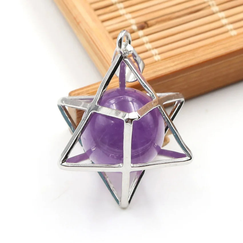 Merkaba Star Cage Natural Sphere Crystal Pendant Necklace, Silver‑Tone Metal Hollow Star Frame with Round Gemstone Bead Reiki Chakra Healing Necklace for Women
