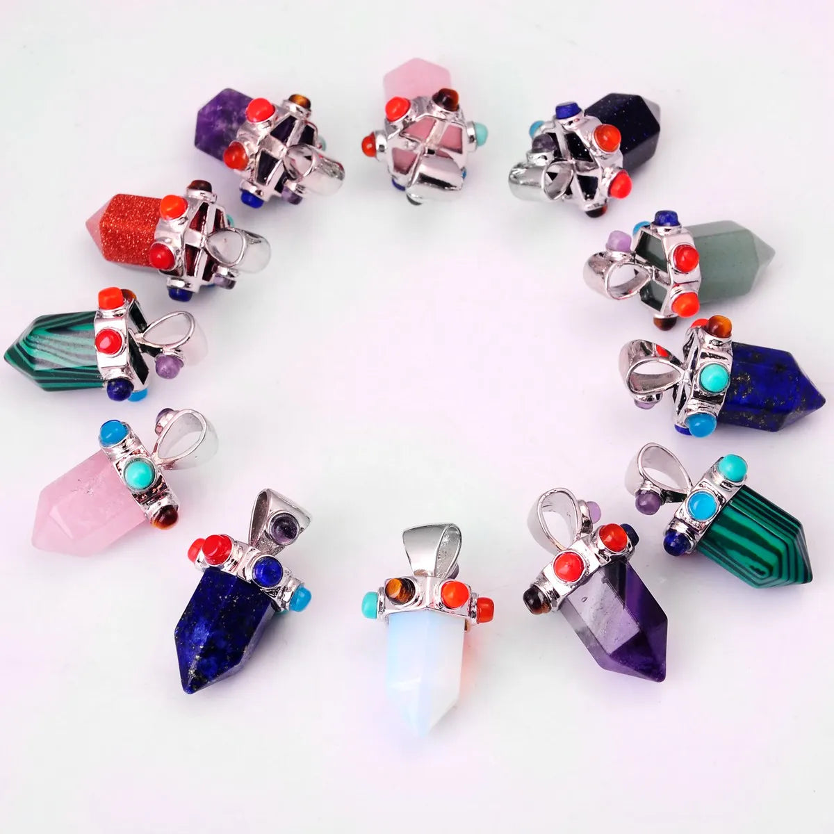 7 Chakra Hexagonal Crystal Point Pendant, Natural Gemstone Tower Pendant for Reiki Healing Jewelry