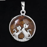 Natural Gemstone Round Pendant Silver‑Tone Double Cat Silhouette Overlay Charm, Mixed Crystal Stone Cat Lover Pendant DIY Necklace Jewelry Making Reiki Healing