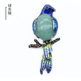 Enamel Bird Parrot Natural Gemstone Pendant, Colorful Enamel Alloy Bird On Branch Inlaid Oval Cabochon Crystal Pendant, Chakra Reiki Healing DIY Necklace Jewelry Charm
