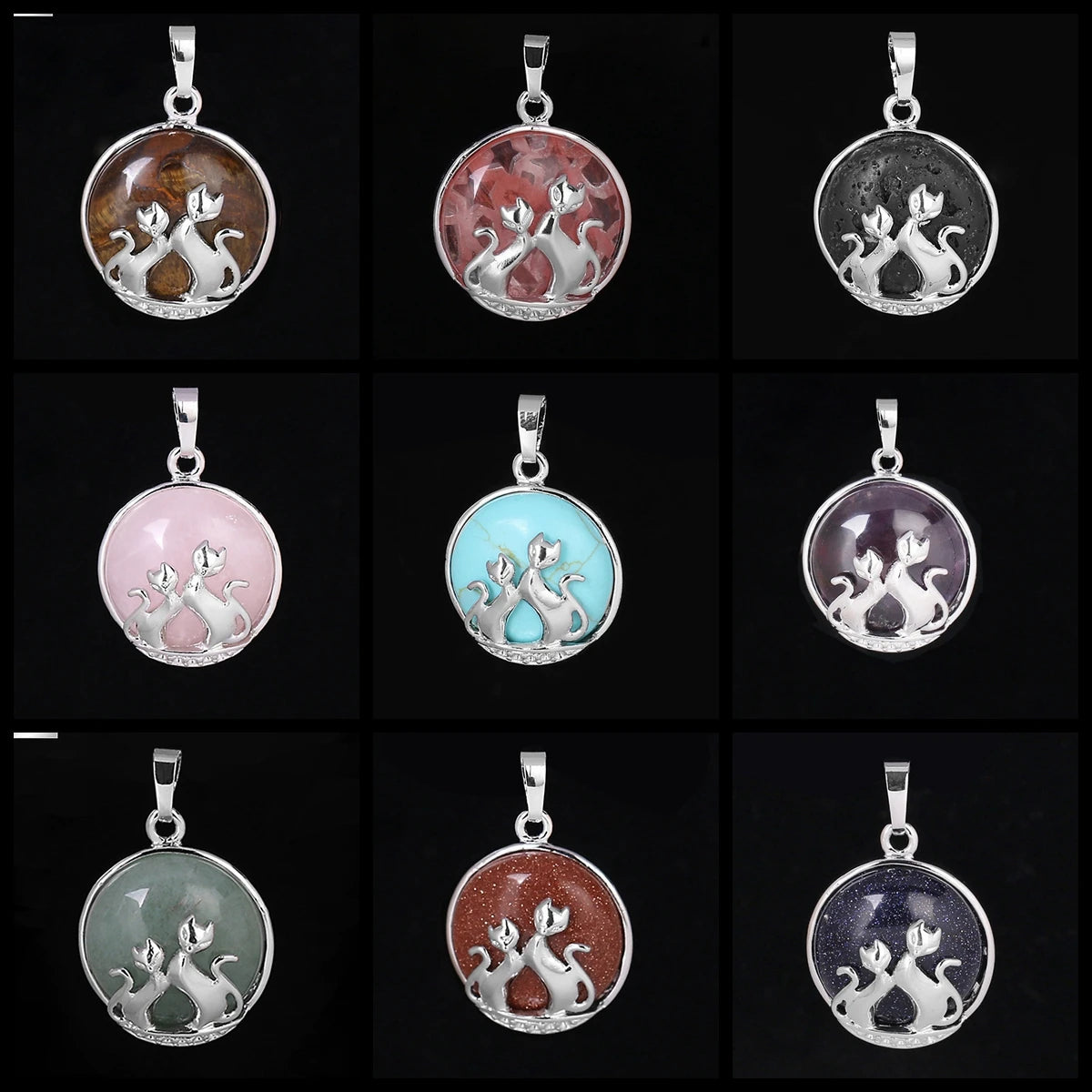 Natural Gemstone Round Pendant Silver‑Tone Double Cat Silhouette Overlay Charm, Mixed Crystal Stone Cat Lover Pendant DIY Necklace Jewelry Making Reiki Healing