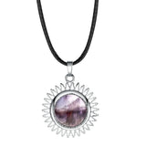 Sunburst Round Natural Gemstone Pendant, Silver Plated Sun Ray Frame Round Cabochon Crystal Stone Pendant Reiki Chakra Healing Charm for DIY Necklace Jewelry Making