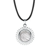 Sunburst Round Natural Gemstone Pendant, Silver Plated Sun Ray Frame Round Cabochon Crystal Stone Pendant Reiki Chakra Healing Charm for DIY Necklace Jewelry Making