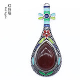 Ethnic Enamel Vase‑Shape Natural Gemstone Pendant, Retro Hollow Alloy Teardrop Cabochon Crystal Pendant, Colorful Enamel Chakra Reiki Healing DIY Necklace Jewelry Charm