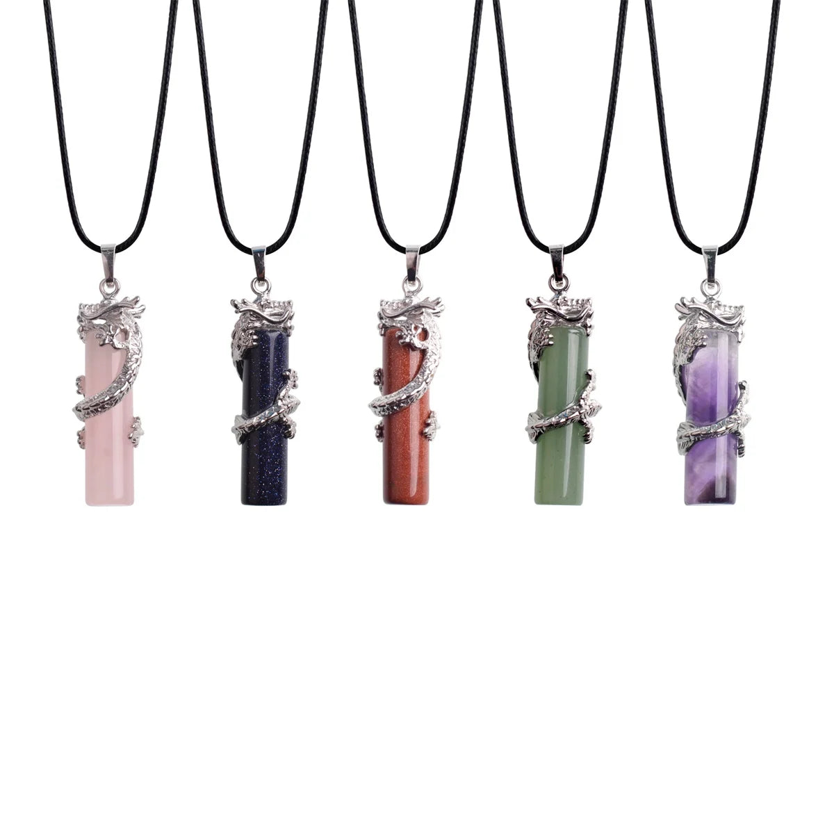 Dragon Phoenix Wrapped Cylinder Natural Crystal Pendant Necklace, Silver Totem Carving Gemstone Column, Reiki Healing Crystal Jewelry with Black Wax Cord