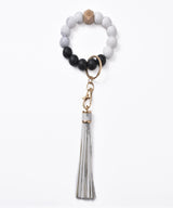 Silicone Bead Bracelet Keychain with Tassel - Hands-Free Wristlet Key Ring Holder - Soft Beaded Bangle Key Chain for Women & Girls