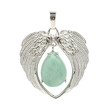 Natural Crystal Angel Wings Pendant | Teardrop Gemstone Heart Amulet Charm | Silver Alloy Feather Wing Quartz Droplet Jewelry Findings for DIY Making