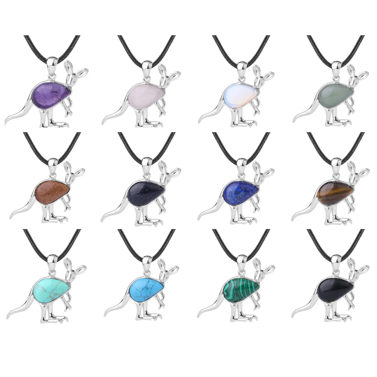 Silver Kangaroo Gemstone Pendant Necklace #SN1765  45cm Black Cord Animal Stone Jewelry for Women Men