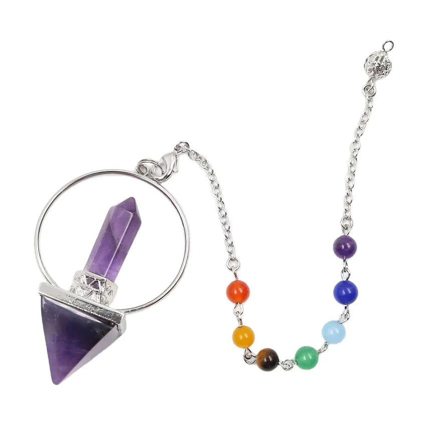 Natural Crystal Pyramid Pendulum, 7 Chakra Beaded Chain Dowsing Pendulum, Reiki Healing Divination Spiritual Crystal Pendant for Meditation