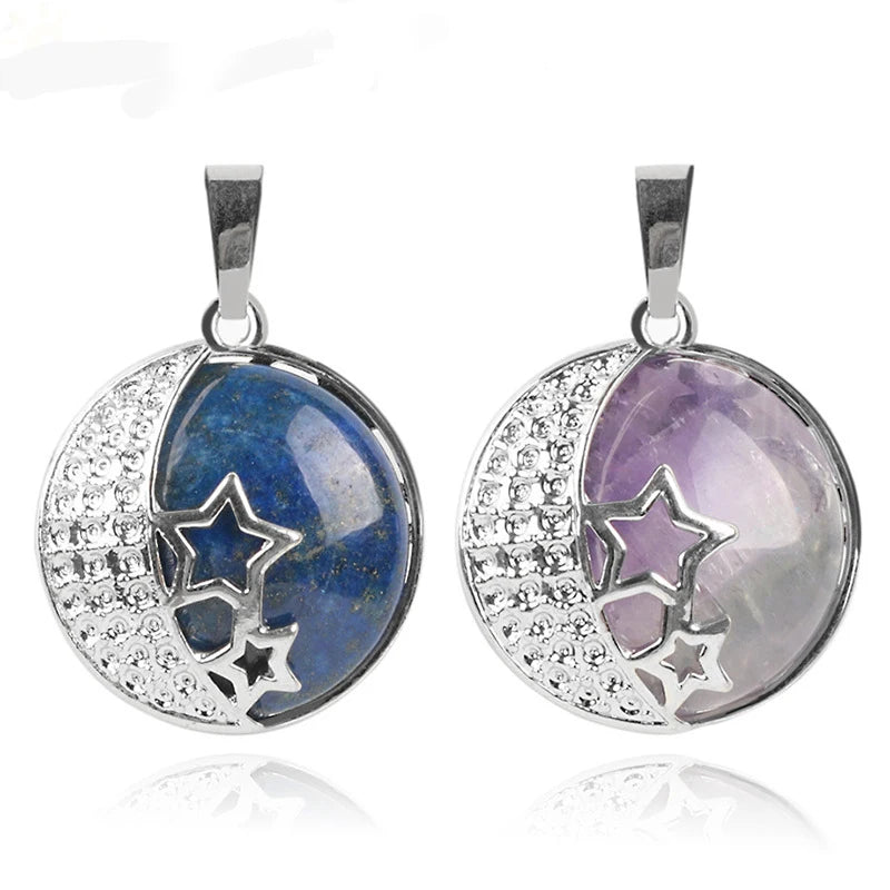 Moon & Star Celestial Natural Gemstone Round Pendant, Silver‑Tone Hollow Star Crescent Moon Frame Crystal Stone Charm for Handmade Necklaces