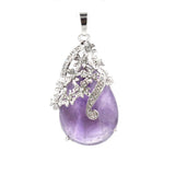 Rhinestone Floral Vine Teardrop Natural Crystal Pendant, Silver‑Tone Alloy Wrapped Water Drop Gemstone Charm for Necklace Jewelry Making