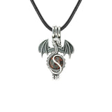 Gothic Stainless Steel Pterosaur Dragon Crystal Holder Necklace • Antique Silver Gemstone Ball Urn Pendant • Unisex Retro Punk Jewelry