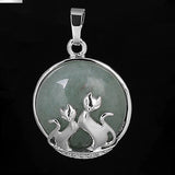 Natural Gemstone Round Pendant Silver‑Tone Double Cat Silhouette Overlay Charm, Mixed Crystal Stone Cat Lover Pendant DIY Necklace Jewelry Making Reiki Healing