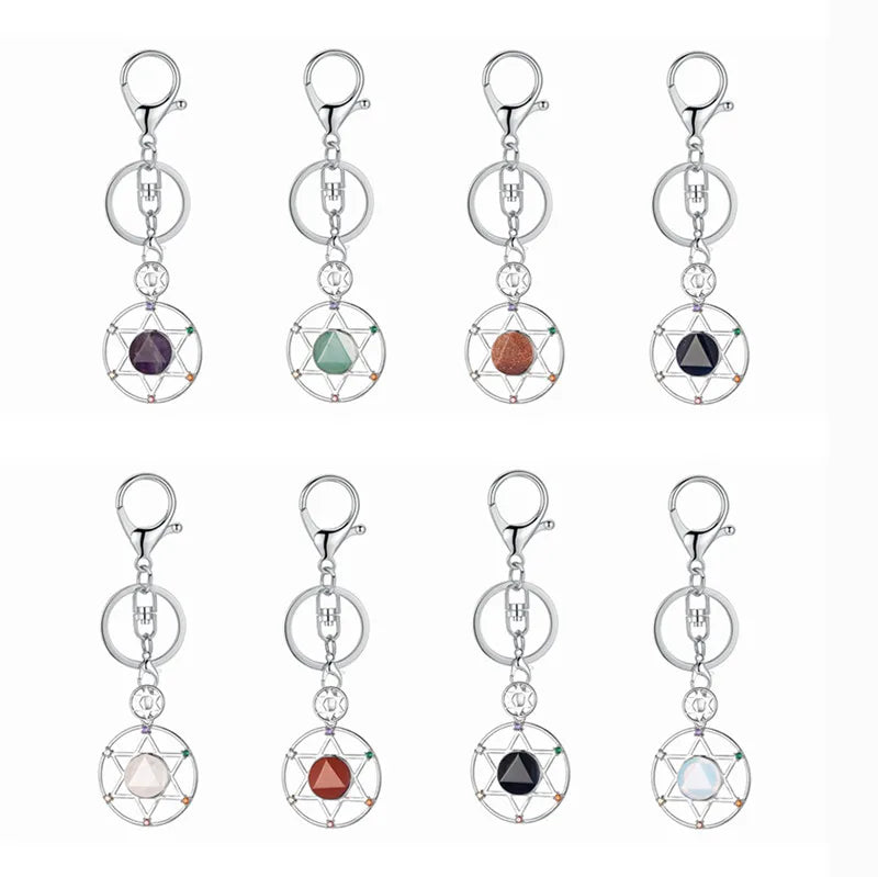 Hexagram Natural Crystal Keychain 7 Chakra Symbol Silver Plated Metal Key Ring Reiki Healing Gemstone Pendant Lobster Clasp Bag Charm