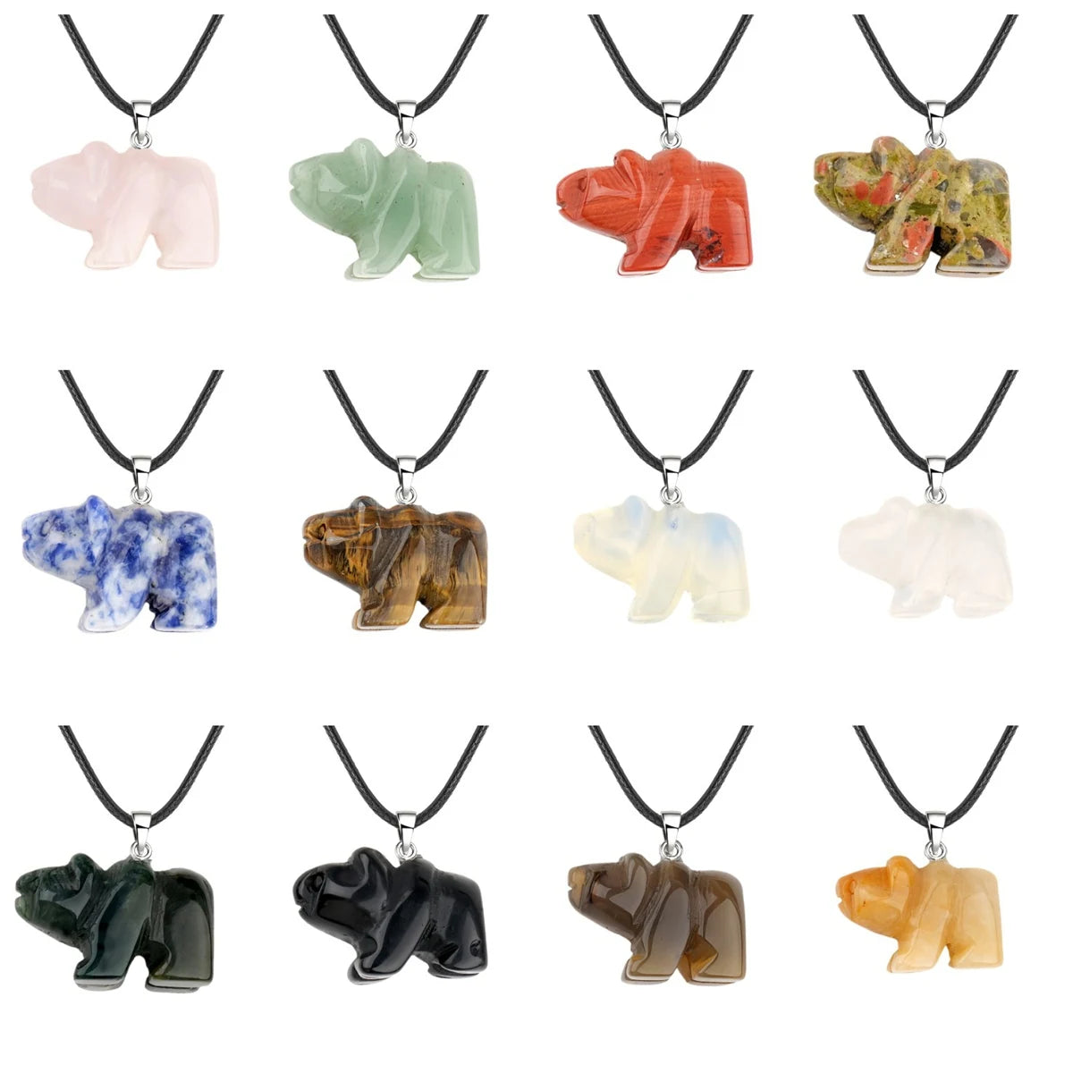 Natural Crystal Polar Bear Pendant Necklace - Hand-Carved Gemstone Animal Totem Amulet with 45cm Black Leather Cord Jewelry