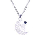 Vintage Stainless Steel Fairy on Moon Pendant Necklace - Natural Amethyst Stone Celestial Jewelry - Whimsical Angel Necklace for Women