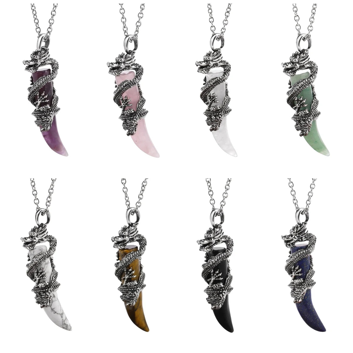 Gothic Silver Dragon Coiled Crystal Fang Necklace • Retro Mythical Creature Natural Gemstone Horn Pendant • Matching Couple Amulet Jewelry