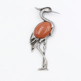 Antique Silver Red Crowned Crane Brooch Pendant Inlaid Natural Crystal Oriental Lucky Bird 2 In 1 Brooch & Necklace Gemstone Jewelry for Women