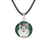 Owl Hollow Pendant Necklace, Silver Plated Natural Crystal Inlay Black Wax Cord Wisdom Symbol Necklace