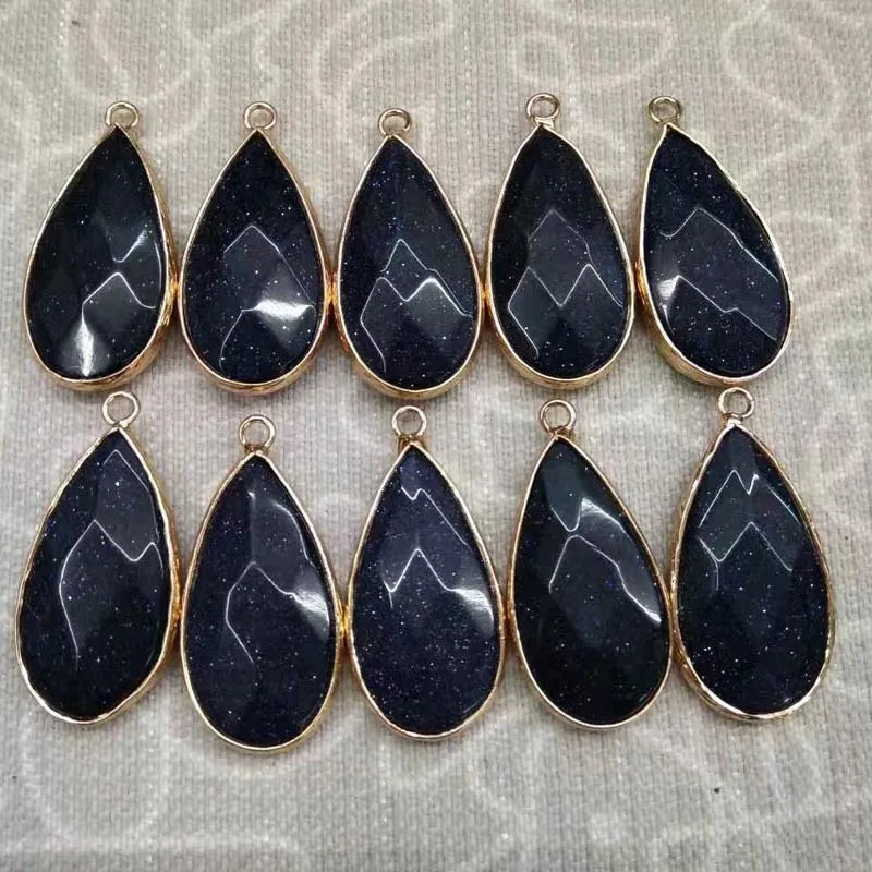 Natural Teardrop Faceted Crystal Pendant Gold Plated Wrapped Edge Gemstone Pendant 15x28mm Mixed Stone Rose Quartz Aventurine Black Obsidian Reiki Chakra Healing Stone Charm for DIY Necklace Jewelry Making Bulk