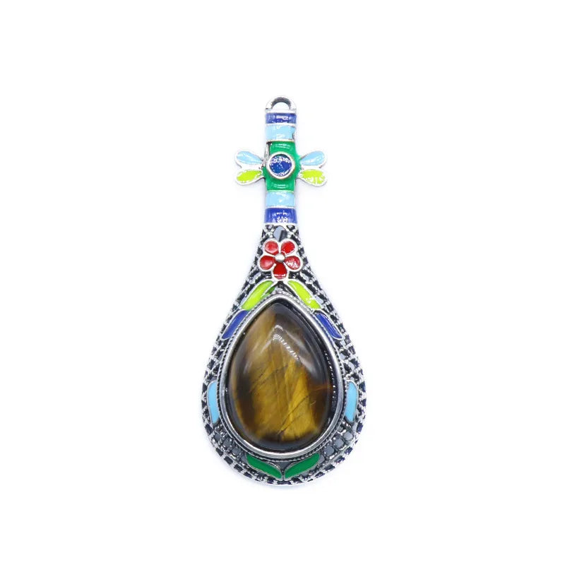 Ethnic Enamel Vase‑Shape Natural Gemstone Pendant, Retro Hollow Alloy Teardrop Cabochon Crystal Pendant, Colorful Enamel Chakra Reiki Healing DIY Necklace Jewelry Charm