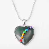 Rainbow 7 Chakra Inlaid Heart Gem Pendant Necklace, Spiritual Energy Balance Crystal Jewelry Gift