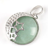 Moon & Star Celestial Natural Gemstone Round Pendant, Silver‑Tone Hollow Star Crescent Moon Frame Crystal Stone Charm for Handmade Necklaces