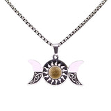 Stainless Steel Triple Moon Goddess Necklace with Celtic Knot - Natural Tiger's Eye Sun Pendant - Wiccan Pagan Spiritual Jewelry for Men & Women