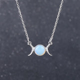 Triple Moon Goddess Natural Crystal Necklace, Silver Plated Triple Crescent Moon Pendant Round Cabochon Gemstone Necklace Reiki Chakra Healing Wicca Spiritual Jewelry for Women