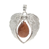 Natural Crystal Angel Wings Pendant | Teardrop Gemstone Heart Amulet Charm | Silver Alloy Feather Wing Quartz Droplet Jewelry Findings for DIY Making
