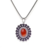 Vintage Stainless Steel Mandala Disc Pendant Necklace - Natural Picture Jasper Stone - Western Retro Flower Pendant for Men & Women