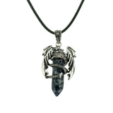 Gothic Winged Dragon Hexagonal Crystal Point Necklace, Vintage Silver Pterosaur Column Pendant, Punk Minimalist Protection Amulet with Black Rope Cord for Men & Women