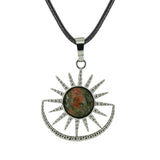 Vintage Sun Burst Crystal Pendant Necklace - Natural Gemstone Leather Cord Choker