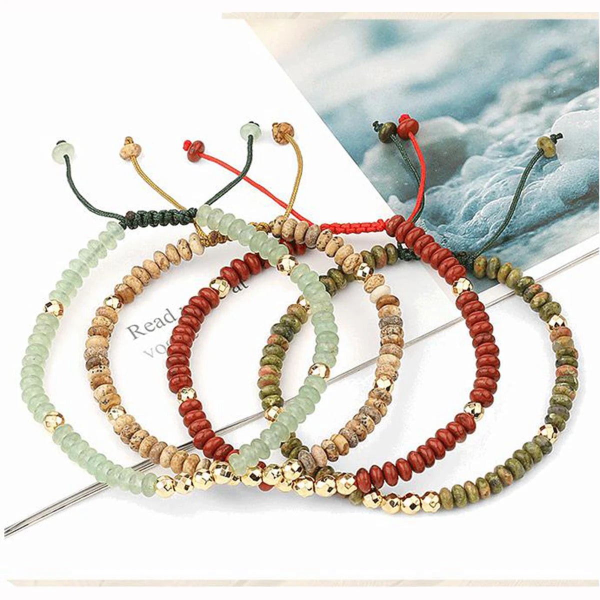 Boho Natural Stone Heishi Disc Beaded Bracelet, Hand Braided Sliding Adjustable Cord Stacking Bracelet for Women Ethnic Daily Jewelry
