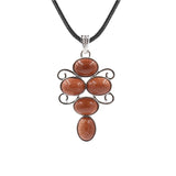 5 Stones Oval Crystal Scroll Wire Pendant Necklace, Silver Swirl Frame Natural Gemstone Black Wax Cord Boho Chakra Jewelry