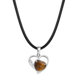 Natural Crystal Hollow Heart Pendant Necklace, Gemstone Charm with Black Rope for Women