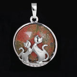 Natural Gemstone Round Pendant Silver‑Tone Double Cat Silhouette Overlay Charm, Mixed Crystal Stone Cat Lover Pendant DIY Necklace Jewelry Making Reiki Healing