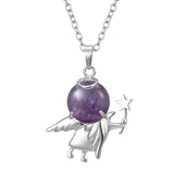 Angel Holding Natural Crystal Ball Pendant Necklace, Silver‑Plated Metal Angel Figurine Spherical Gemstone Charm Reiki Healing Spiritual Jewelry for Women Gift