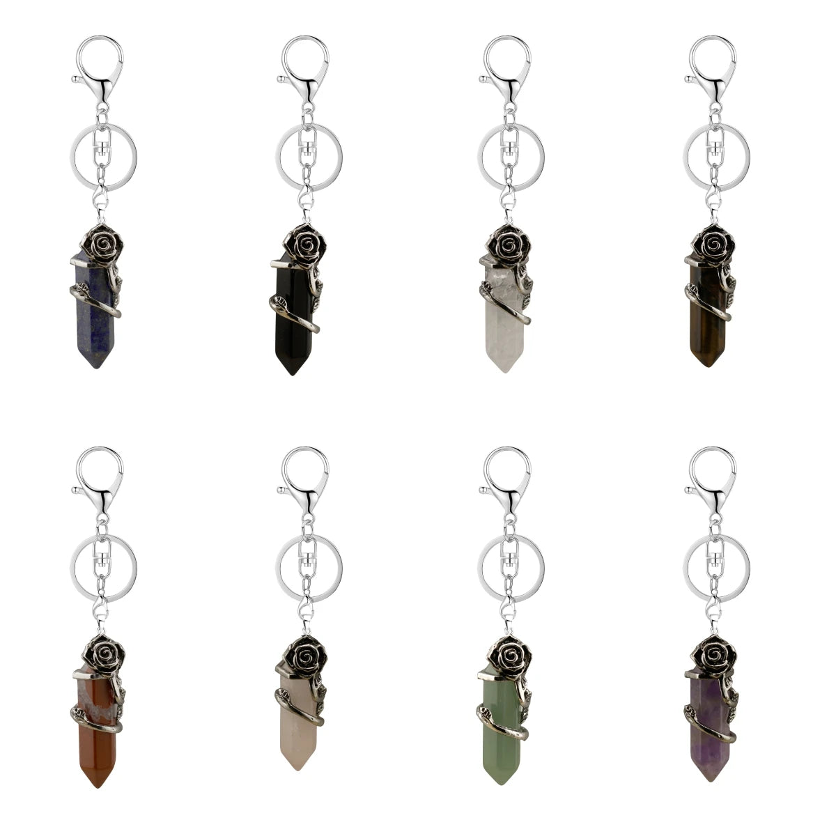 Natural Crystal Hexagonal Point Keychain • Antique Silver Rose Wrapped Gemstone Keyring • Gothic Healing Stone Bag Charm Accessory