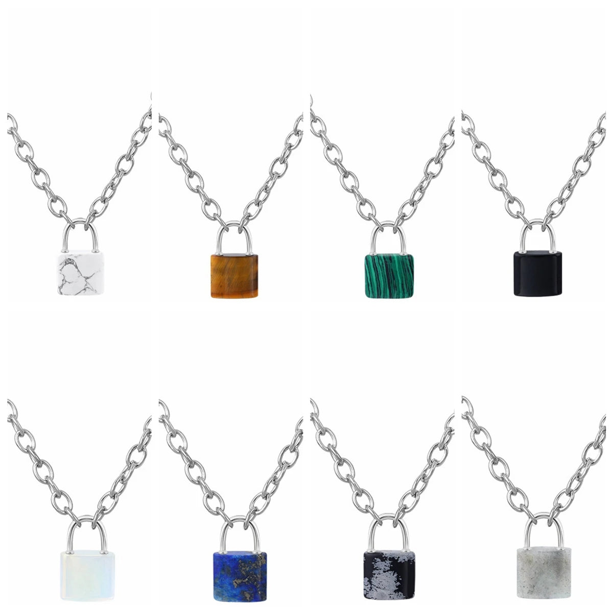 Natural Healing Crystal Lock Pendant Necklace, 20-inch Alloy Chain Chakra Gemstone Jewelry