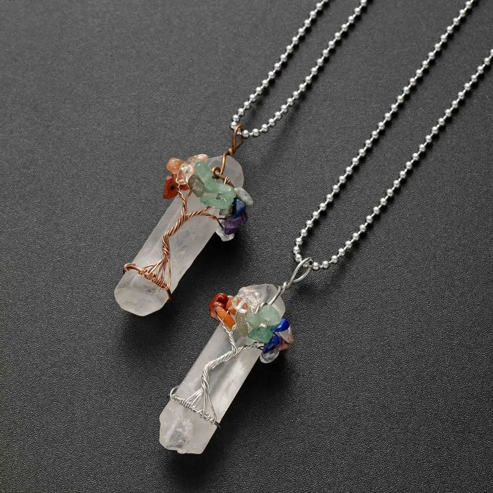 Tree of Life 7 Chakra Clear Quartz Crystal Point Pendant Copper Wire Wrapped Healing Stone Necklace Charm for Women Spiritual Jewelry Gift