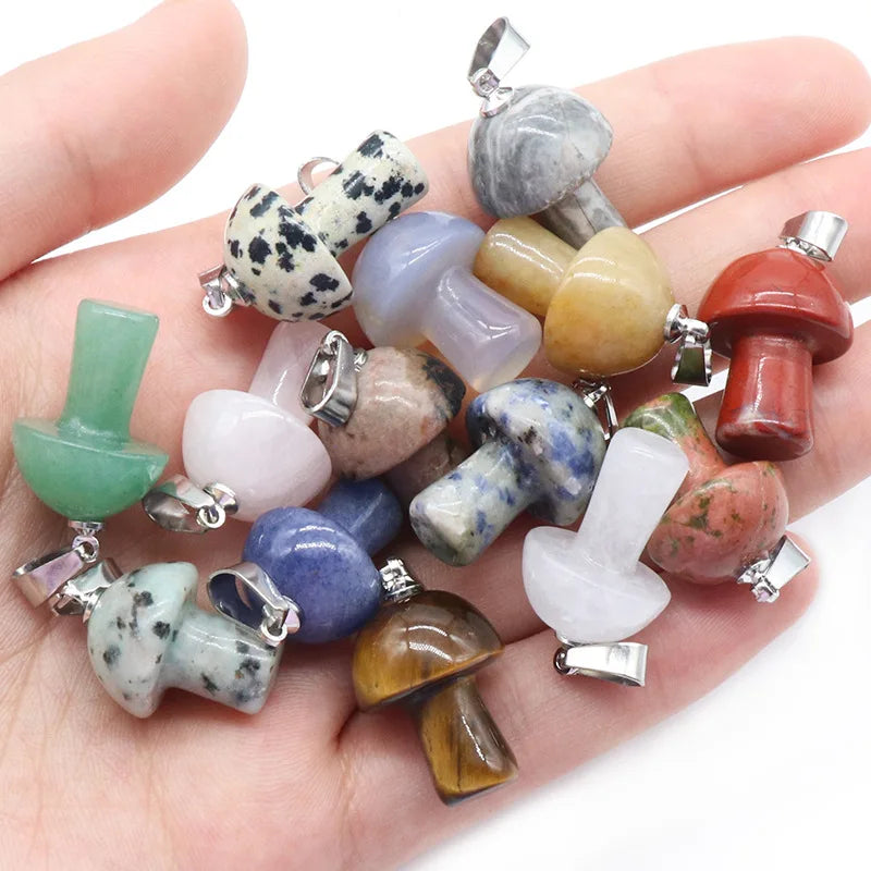 20mm Natural Crystal Mushroom Pendant Necklace, Mini Gemstone Reiki Chakra Jewelry