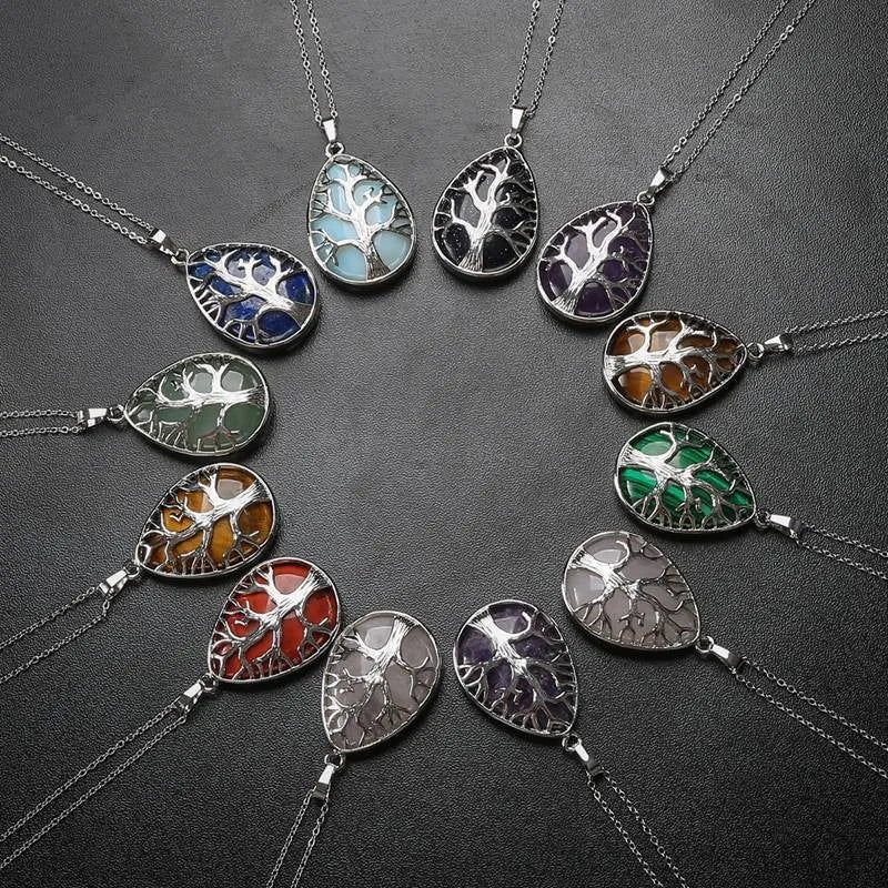 Tree of Life Teardrop Crystal Pendant Natural Gemstone Necklace Multi‑Variety Chakra Healing Stone Silver Plated Jewelry Gift for Women