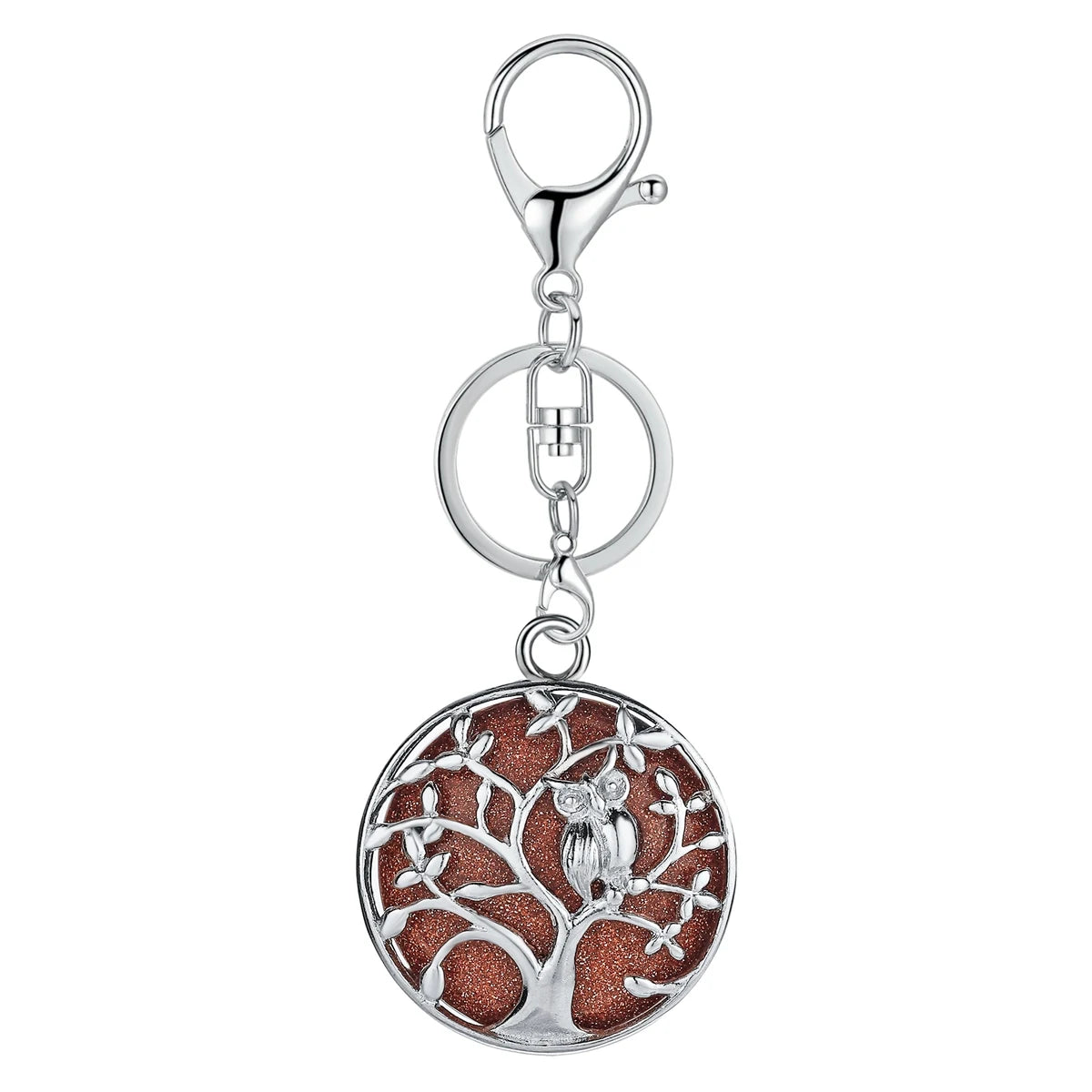 Sterling Silver Owl Tree of Life Gemstone Pendant Key chain with Round stones pendant For Women and men for Jewelry Making