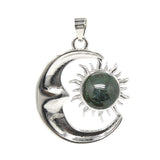 Natural Crystal Sun and Moon Pendant | Celestial Crescent Moon Gemstone Charm | Silver Alloy Sunburst Quartz Cabochon Jewelry Findings for DIY Making